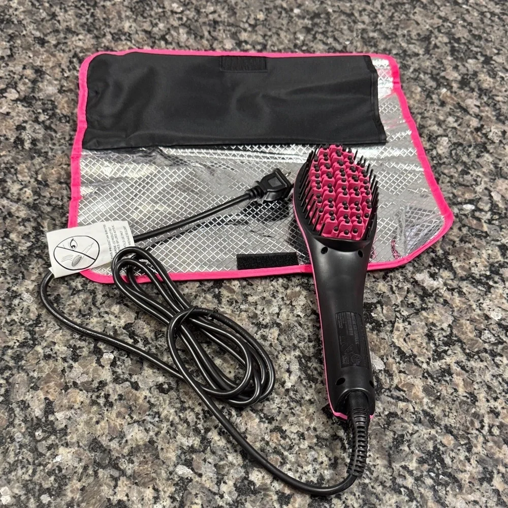 Simply Straight Black and Pink Hair Brush Straightener NWOT